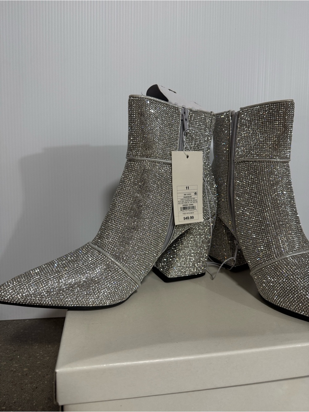 Silver Rhinestone Crystal Embellished Pointed Toe Block Heel Ankle Boots Size 11 - Picture 6 of 12